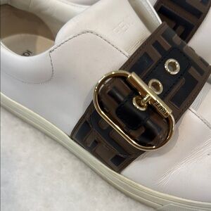 Fendi White and Brown Monogram Sneakers with Gold Buckle